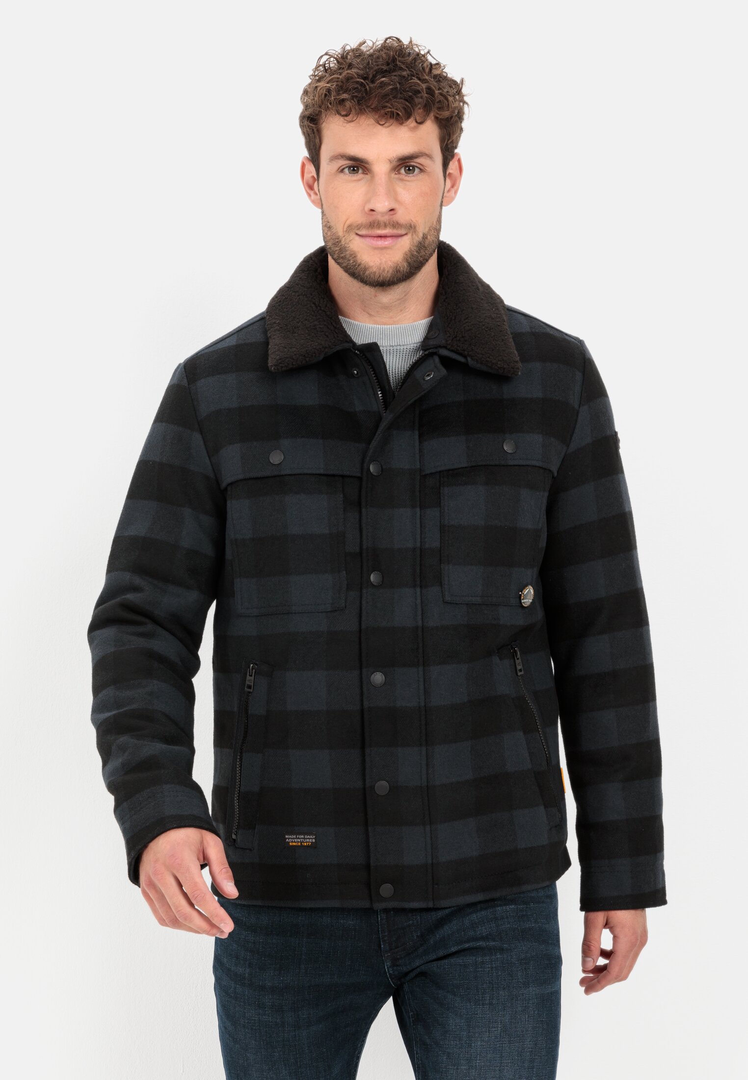 Camel Active Checked transitional jacket with detachable Teddy Collar