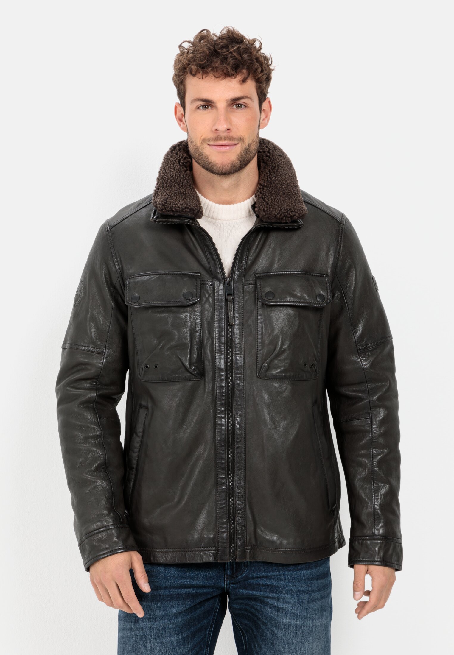 Camel Active Leather blouson with stand-up collar