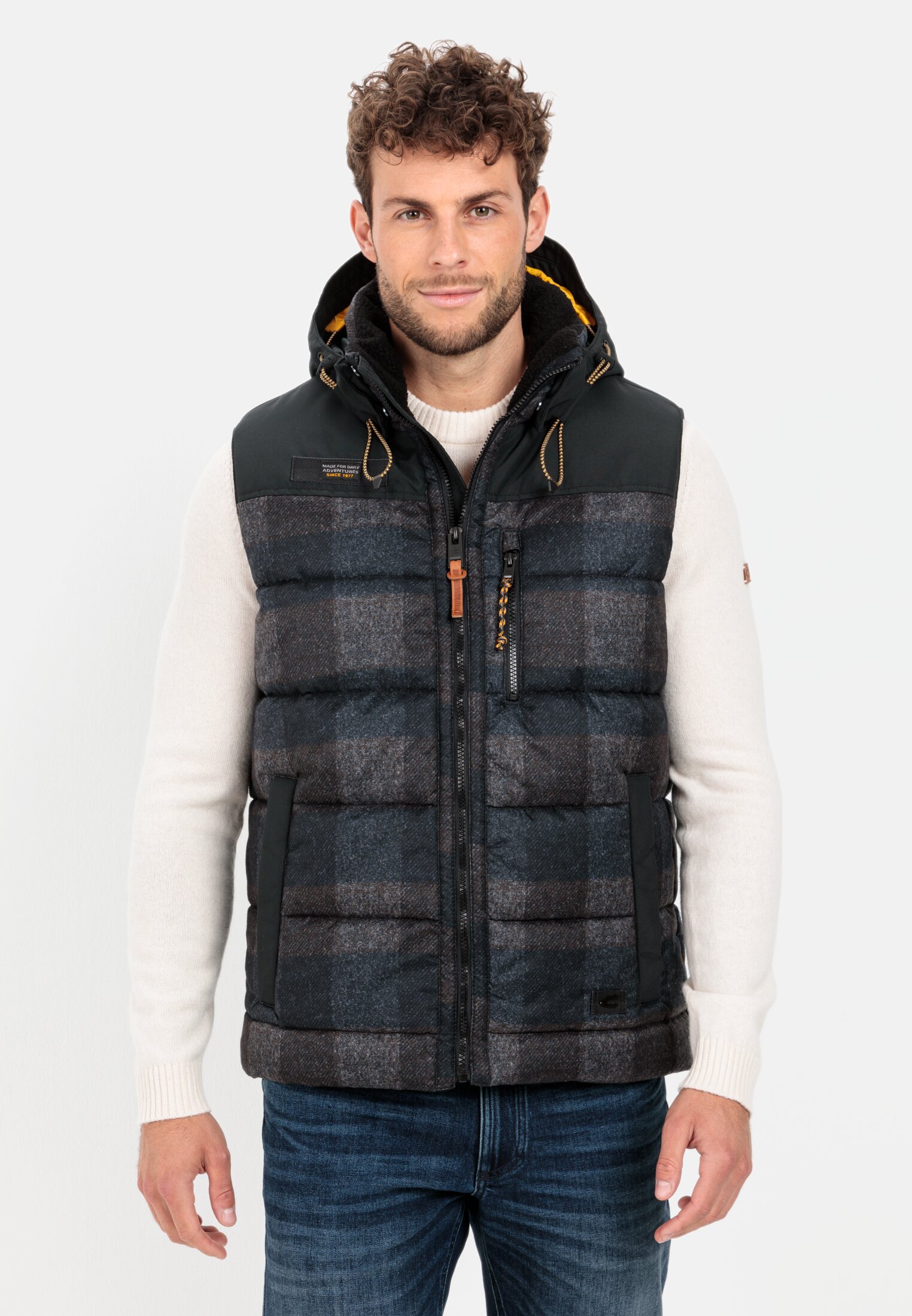 Camel Active Checked quilted waistcoat with warm plush collar